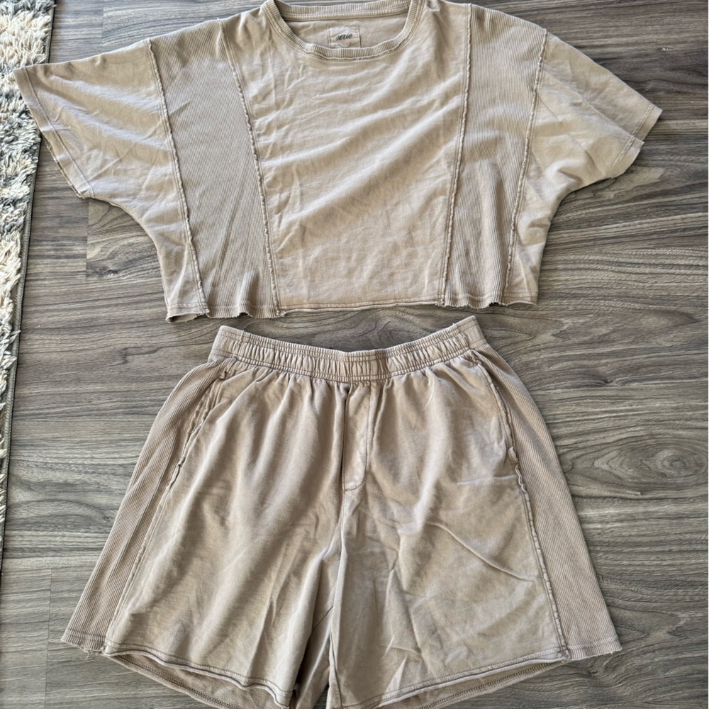 Aerie Tan Short Sleeve And Short Set COMFY
